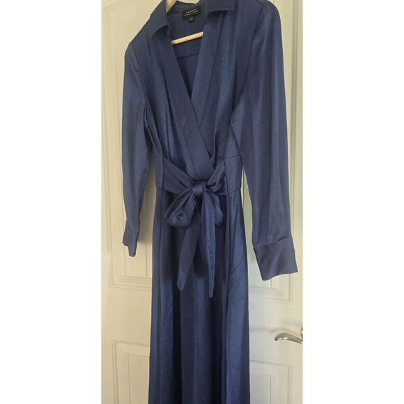 TAHARI Women's Belted Faux-Wrap Midi Dress Size 6 Blue Pockets FALL/ WINTER - Picture 4 of 16